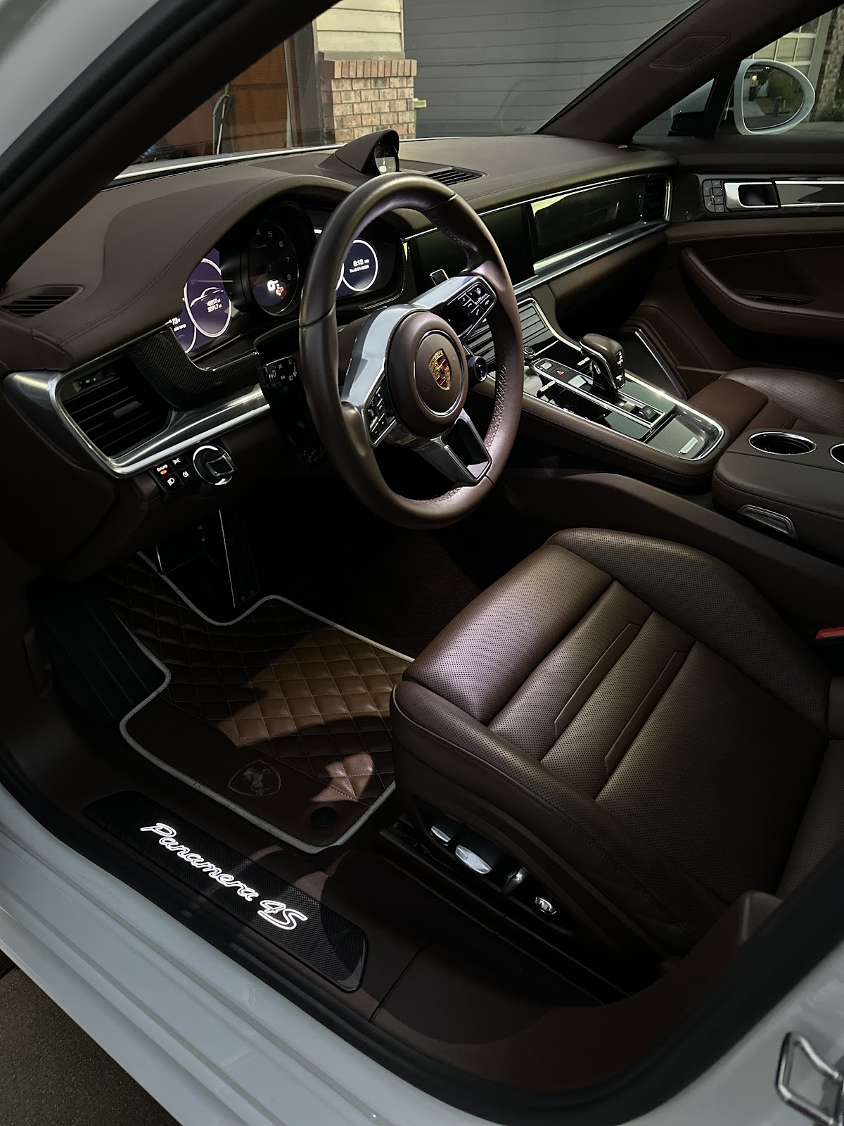 Immaculate Porsche Panamera interior detailed by Sanchez AutoCare, brown leather and custom mats